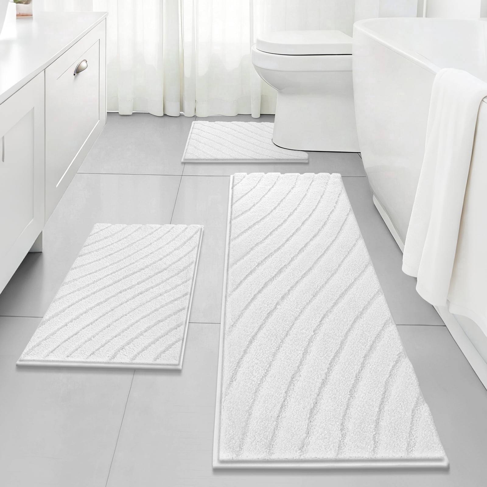 Findosom 3pcs Bathroom Rugs Set with U-Shaped Mat,Non Slip Machine Washable Wave Bath Mat,Ultra Soft Plush Shower Rugs for Bathroom,Tub,Shower20"x32"+20"x59"+U 20"x24"White