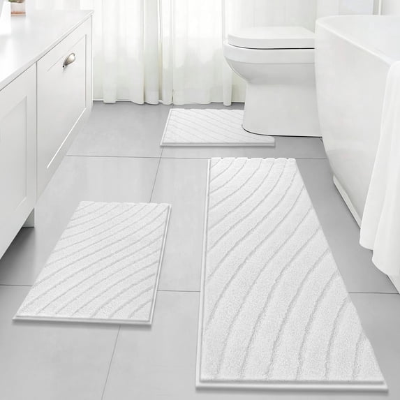 Findosom 3pcs Bathroom Rugs Set with U-Shaped Mat,Non Slip Machine Washable Wave Bath Mat,Ultra Soft Plush Shower Rugs for Bathroom,Tub,Shower18"x26"+18"x48"+U 20"x24"White