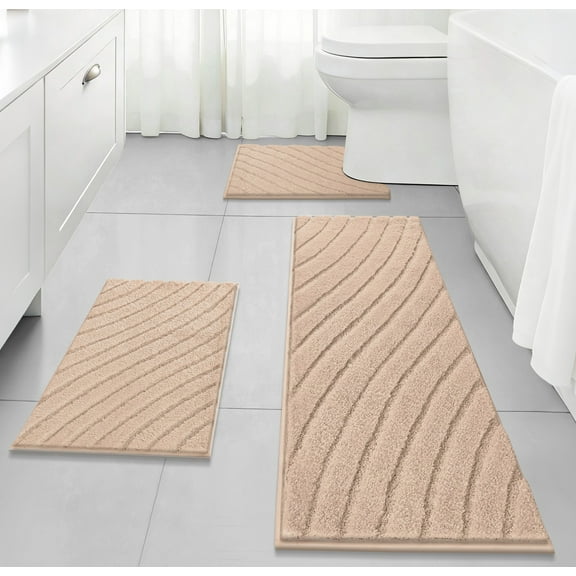 Findosom 3pcs Bathroom Rugs Set with U-Shaped Mat,Rubber Backing,Quick Dry,Ultra Soft Machine Washable Bath Mats for Bathroom Floor,Tub,Shower,Microfiber Bath Mats 18"x26"+18"x48"+U 20"x24" Beige
