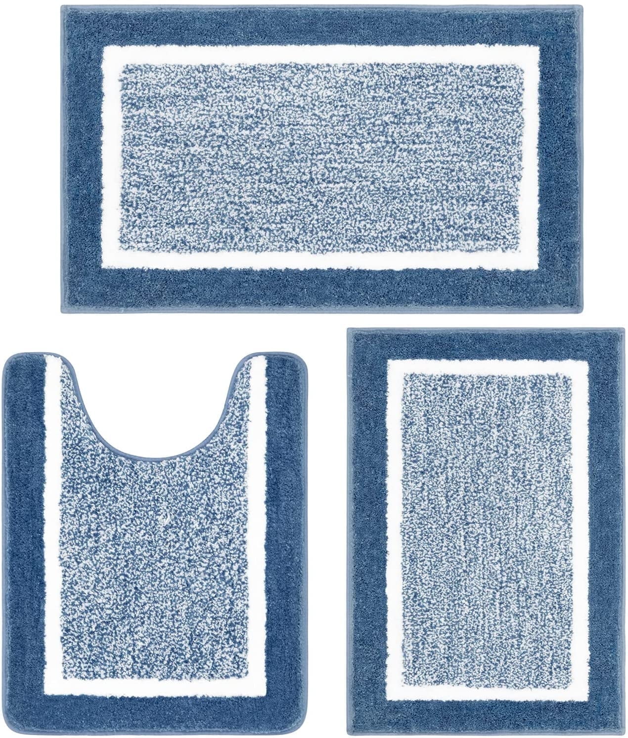 Findosom 3pcs Blue Bathroom Rug Set with Contour Toilet Mat Non-Slip Plush Shaggy Bath Mats Super Absorbent Microfiber Bath Rugs Washable Shower Rugs for Bathroom,Tub,Toilet 18"x26"+20"x32"+U20"x24"