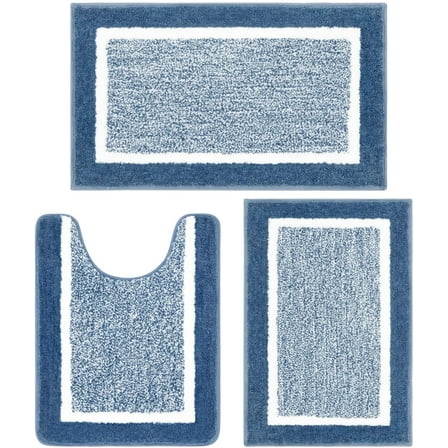 Findosom 3pcs Blue Bathroom Rug Set with Contour Toilet Mat Non-Slip Plush Shaggy Bath Mats Super Absorbent Microfiber Bath Rugs Washable Shower Rugs for Bathroom,Tub,Toilet 18"x26"+20"x32"+U20"x24"