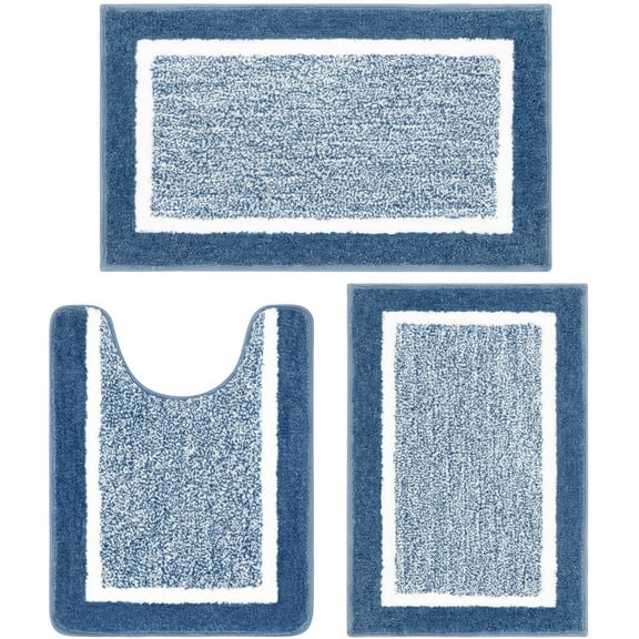 Findosom 3pcs Blue Bathroom Rug Set with Contour Toilet Mat Non-Slip Plush Shaggy Bath Mats Super Absorbent Microfiber Bath Rugs Washable Shower Rugs for Bathroom,Tub,Toilet 18"x26"+20"x32"+U20"x24"