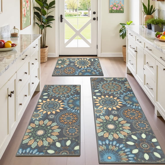 Findosom 3pcs Boho Kitchen Mat Set,Farmhouse Kitchen Rugs and Mat,Washable Non Slip Kitchen Mats Vintage Floor Mat Carpet for Hallway Laundry Room Sink,20"x32"+20"x47"+20"x59" Gray