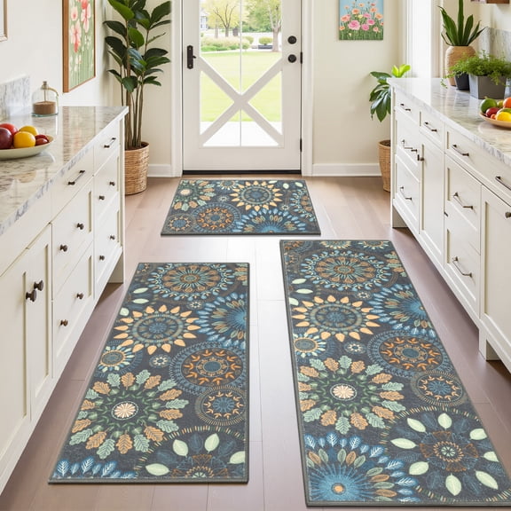 Findosom 3pcs Boho Kitchen Mat Set,Farmhouse Kitchen Rugs and Mat,Washable Non Slip Kitchen Mats Vintage Floor Mat Carpet for Hallway Laundry Room Sink,20"x32"+20"x47"+20"x59" Gray