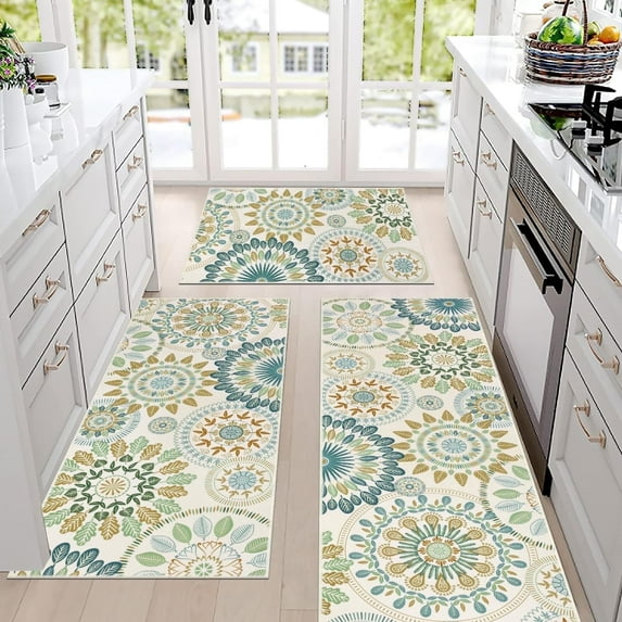 Findosom 3pcs Boho Kitchen Mat Set,Farmhouse Kitchen Rugs and Mat,Washable Non Slip Kitchen Mats Vintage Floor Mat Carpet for Hallway Laundry Room Sink,20"x32"+20"x47"+20"x59" Green