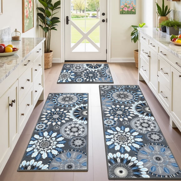 Findosom 3pcs Boho Kitchen Rug Set, Farmhouse Kitchen Runner Rugs and Mat, Washable Non Slip Kitchen Mats Vintage Kitchen Floor Mat Carpet for Hallway Laundry Room Sink 20"x32"+20"x47"+20"x59" Blue