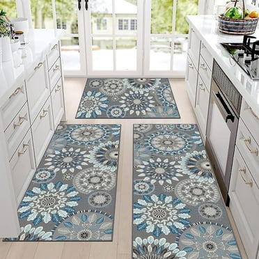Findosom 3pcs Boho Kitchen Rug Set, Farmhouse Kitchen Runner Rugs and Mat, Washable Non Slip Kitchen Mats Vintage Kitchen Floor Mat Carpet for Hallway Laundry Room Sink 20"x32"+20"x47"+20"x59" Blue