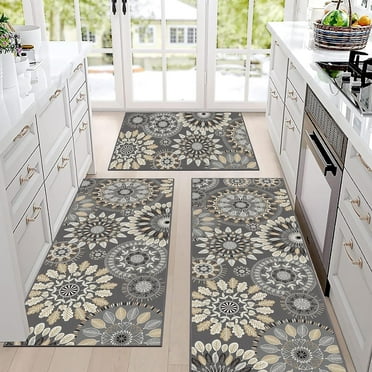 Findosom 3pcs Boho Kitchen Rug Set, Farmhouse Kitchen Runner Rugs and Mat, Washable Non Slip Kitchen Mats Vintage Kitchen Floor Mat Carpet for Hallway Laundry Room Sink 20"x32" 20"x47" 20"x59" Brown