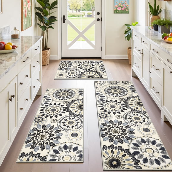 Findosom 3pcs Boho Kitchen Rug Set, Farmhouse Kitchen Runner Rugs and Mat, Washable Non Slip Kitchen Mats Vintage Kitchen Floor Mat Carpet for Hallway Laundry Room Sink 20"x32"+20"x47"+20"x59",Beige