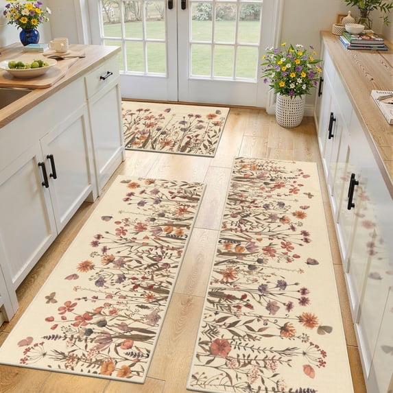 Findosom Floral Non-Slip Kitchen Rugs Set of 3,Washable Kitchen Mat Farmhouse Kitchen Floor Mats Runner for Home Sink Entrance Laundry Hallway,20"x32"+20"x47"+20"x59" Brown