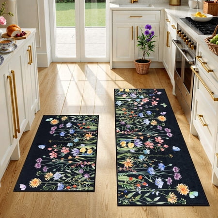 Findosom Floral Non-Slip Kitchen Rugs Set of 2,Washable Kitchen Mat Farmhouse Kitchen Floor Mats Runner for Home Sink Entrance Laundry Hallway,20"x32"+20"x47" Black
