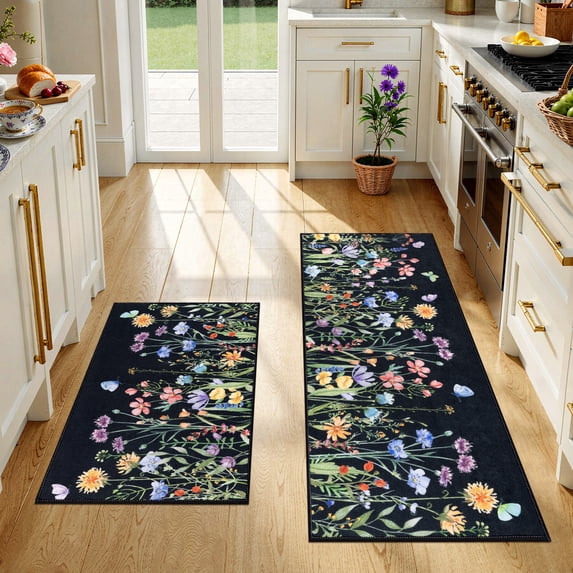 Findosom Floral Non-Slip Kitchen Rugs Set of 2,Washable Kitchen Mat Farmhouse Kitchen Floor Mats Runner for Home Sink Entrance Laundry Hallway,20"x32"+20"x47" Black
