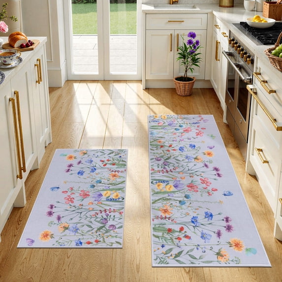 Findosom Floral Non-Slip Kitchen Rugs Set of 2,Washable Kitchen Mat Farmhouse Kitchen Floor Mats Runner for Home Sink Entrance Laundry Hallway,20"x32"+20"x47" Gray