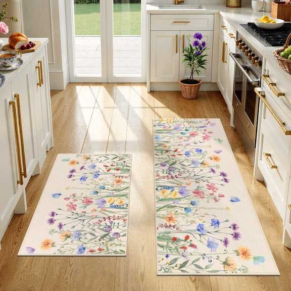 Findosom Floral Non-Slip Kitchen Rugs Set of 2,Washable Kitchen Mat Farmhouse Kitchen Floor Mats Runner for Home Sink Entrance Laundry Hallway,20"x32"+20"x47" Beige