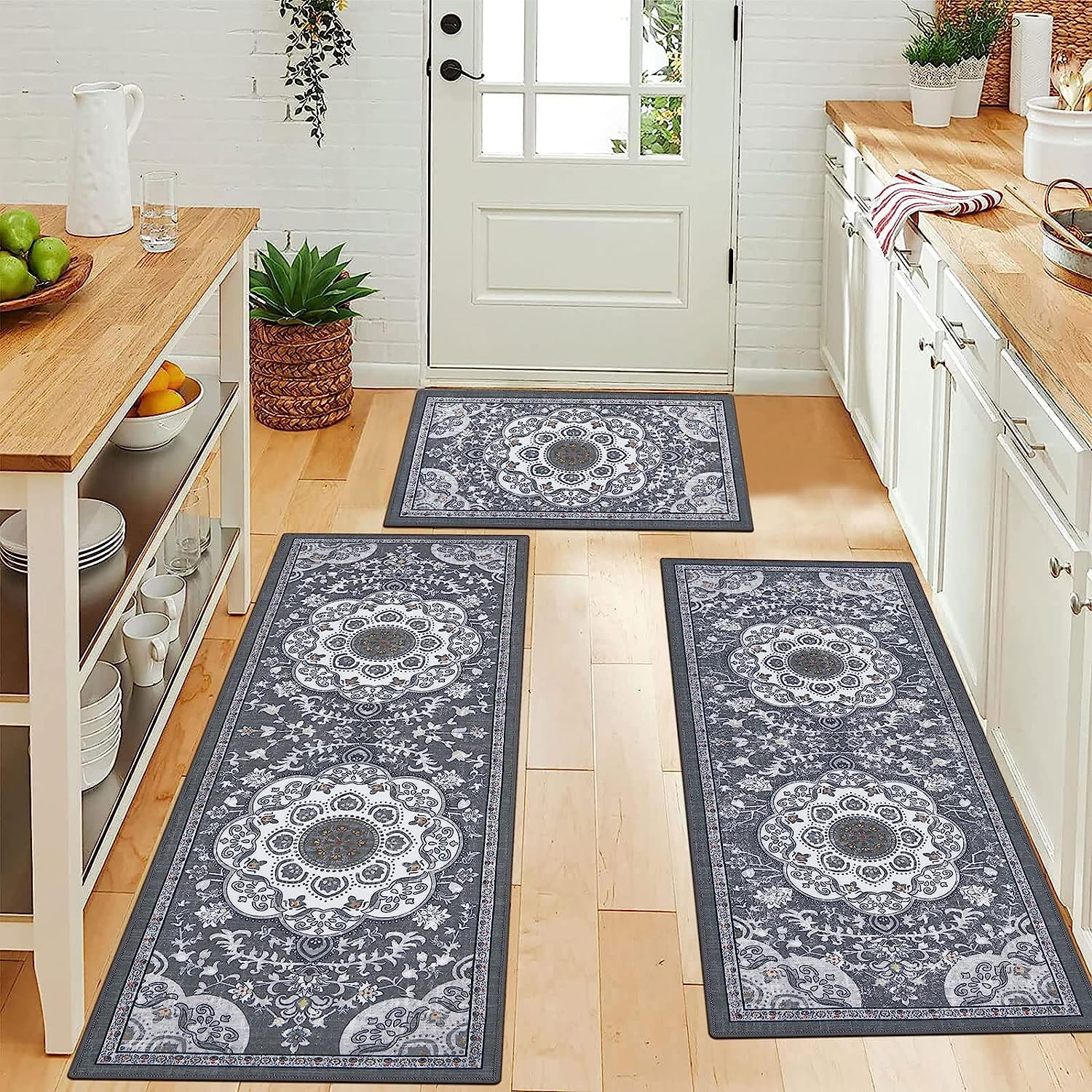 "Findosom 3pc Boho Kitchen & Laundry Rug Set, Non Skid, Washable, Dark Gray, 20""x32"",20""x48 ...