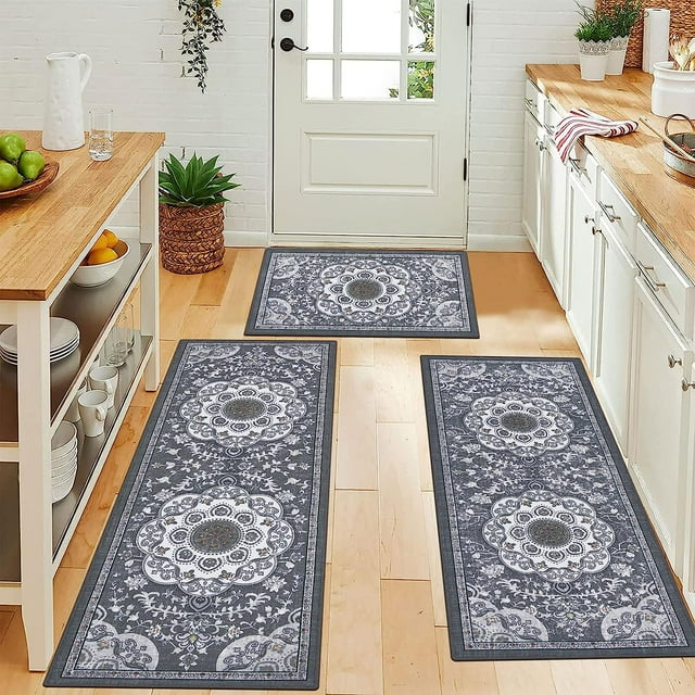 "Findosom 3pc Boho Kitchen & Laundry Rug Set, Non Skid, Washable, Dark