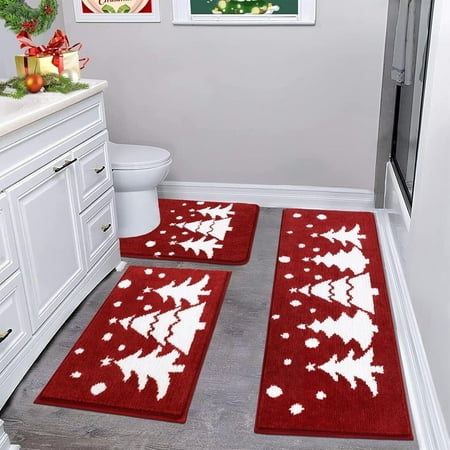 Findosom 3pcs Bathroom Rugs Set,Christmas Tree Non Slip Bath Rugs with U Shape Toilet Rug,Soft Absorbent Machine Washable Bath Mats for Tub, Shower 18"x26"+18"x48"+U Shape 20"x24"