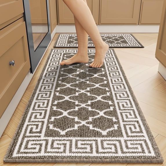 Findosom Kitchen Rugs Set 2 Piece, Non Slip Kitchen Floor Rugs with Rubber Backing,Machine Washable Geometric Absorbent Runner Rugs for Hallway Doormat,20"x32"+20"x48" Brown