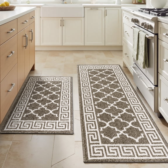 Findosom Kitchen Rugs Set 2 Piece, Non Slip Kitchen Floor Rugs with Rubber Backing,Machine Washable Geometric Absorbent Runner Rugs for Hallway Doormat,20"x32"+20"x48" Brown
