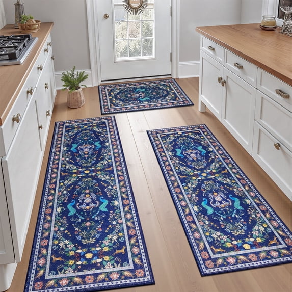 Findosom 3pcs Washable Kitchen Rug Set,Non-Slip Floral Boho Kitchen Mats Kitchen Runner Rug Floor Carpet for Hardwood Floor,Sink,Entryway,Bathroom,Home Decor,20"x32"+20"x48"+20"x59"