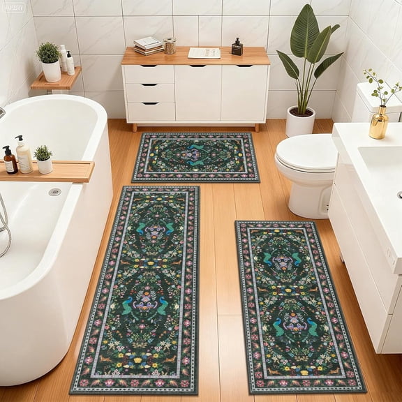 Findosom 3pcs Kitchen Rug Set,Non-Slip Floral Kitchen Rugs and Runner,Farmhouse Stain Resistant Floor Carpet for Home decor,Laundry Rooms,Hallways,Bedroom,Living room 20"x32"+20"x48"+20"x59" Green