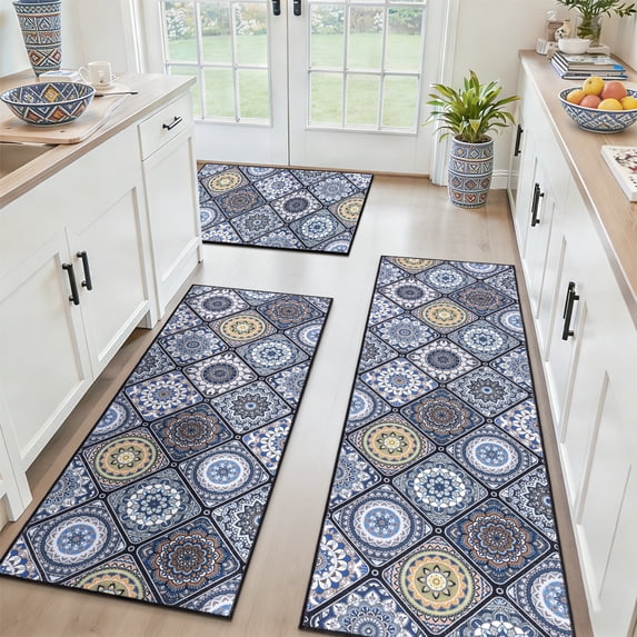 Findosom 3pc Boho Kitchen Rugs and Mats Set, Non Slip Washable Kitchen Runner Rug for Kitchen Floor, Farmhouse Kitchen Decor, Hallway, Entryway, Laundry Room,20"x32"+20"x47"+20"x59" Blue