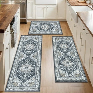 Findosom Boho Kitchen Rugs 3Piece Set,Non-slip Washable Kitchen Mats for Floor Kitchen Runner,Soft Belgian Velvet Floor Mat Carpet Runner Rugs for Hallway,Laundry Room,Kitchen Door Mat,Gray