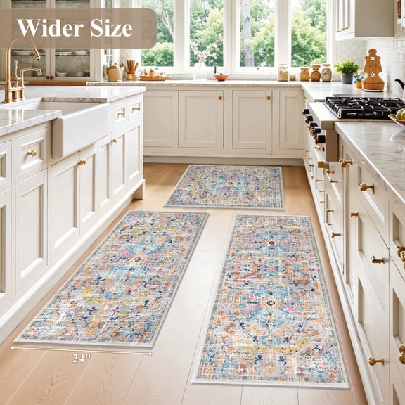 Findosom 3pcs Kitchen Rugs Set,Boho Washable Kitchen Rug Non Slip Farmhouse Kitchen Runner Rug Low-Pile Mats for Kitchen Decor, Sink, Laundry,24"x35" 24"x47" 24"x 59",Multi-color