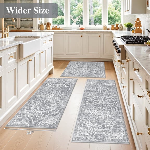 Findosom 3pcs Kitchen Rugs Set,Boho Washable Kitchen Rug Non Slip Farmhouse Kitchen Runner Rug Low-Pile Mats for Kitchen Decor, Sink, Laundry,24"x35"+24"x47"+24"x 59",Gray
