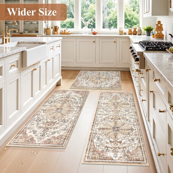 Findosom 3pcs Kitchen Rugs Set,Boho Washable Kitchen Rug Non Slip Farmhouse Kitchen Runner Rug Low-Pile Mats for Kitchen Decor, Sink, Laundry,24"x35"+24"x47"+24"x 59",Red