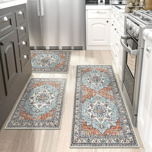 Findosom 3pcs Kitchen Rugs Set,Washable Boho Farmhouse Kitchen Mats for Floor,Non Slip Kitchen Floor Mat Carpet Runner Rugs for Entryway Hallway Laundry Home Decor 20"x32"+20"x32"+20"x47" Orange