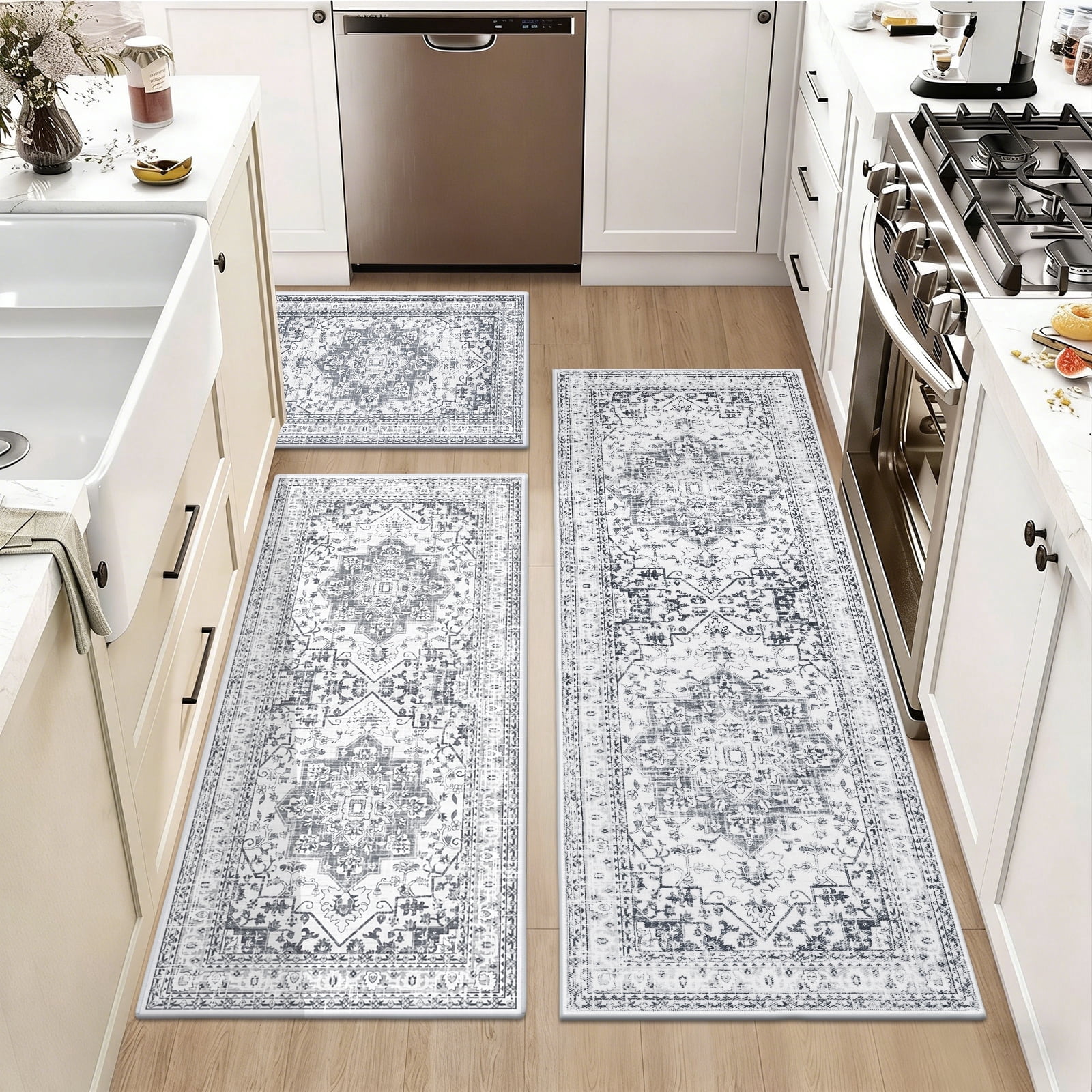 Findosom 3pcs Kitchen Rugs Set,Washable Boho Farmhouse Kitchen Mats for Floor,Non Slip Kitchen Floor Mat Carpet Runner Rugs for Entryway Hallway Laundry Home Decor 20"x32"+20"x47"+20"x59" Gray
