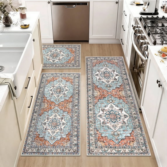 Findosom 3pcs Kitchen Rugs Set,Washable Boho Farmhouse Kitchen Mats for Floor,Non Slip Kitchen Floor Mat Carpet Runner Rugs for Entryway Hallway Laundry Home Decor 20"x32"+20"x47"+20"x59" Orange