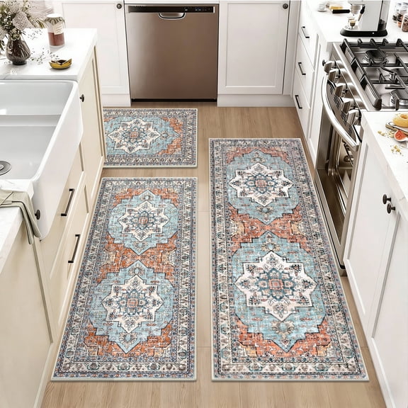 Findosom 3pcs Kitchen Rugs Set,Washable Boho Farmhouse Kitchen Mats for Floor,Non Slip Kitchen Floor Mat Carpet Runner Rugs for Entryway Hallway Laundry Home Decor 20"x32"+20"x47"+20"x59" Orange