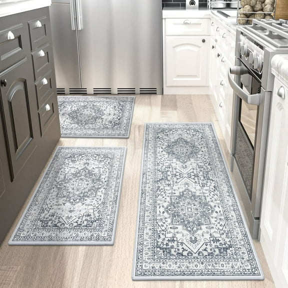 Findosom 3pcs Kitchen Rugs Set,Washable Boho Farmhouse Kitchen Mats for Floor,Non Slip Kitchen Floor Mat Carpet Runner Rugs for Entryway Hallway Laundry Home Decor 20"x32"+20"x32"+20"x47" Gray