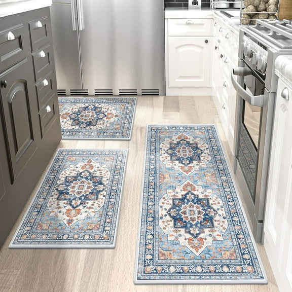 Findosom 3pcs Kitchen Rugs Set,Washable Boho Farmhouse Kitchen Mats for Floor,Non Slip Kitchen Floor Mat Carpet Runner Rugs for Entryway Hallway Laundry Home Decor 20"x32"+20"x32"+20"x47" Blue