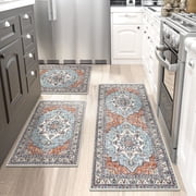 Findosom 3pcs Kitchen Rugs Set,Washable Boho Farmhouse Kitchen Mats for Floor,Non Slip Kitchen Floor Mat Carpet Runner Rugs for Entryway Hallway Laundry Home Decor 20"x32"+20"x32"+20"x47" Orange