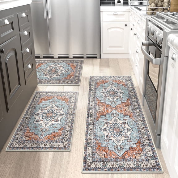 Findosom 3pcs Kitchen Rugs Set,Washable Boho Farmhouse Kitchen Mats for Floor,Non Slip Kitchen Floor Mat Carpet Runner Rugs for Entryway Hallway Laundry Home Decor 20"x32"+20"x32"+20"x47" Orange