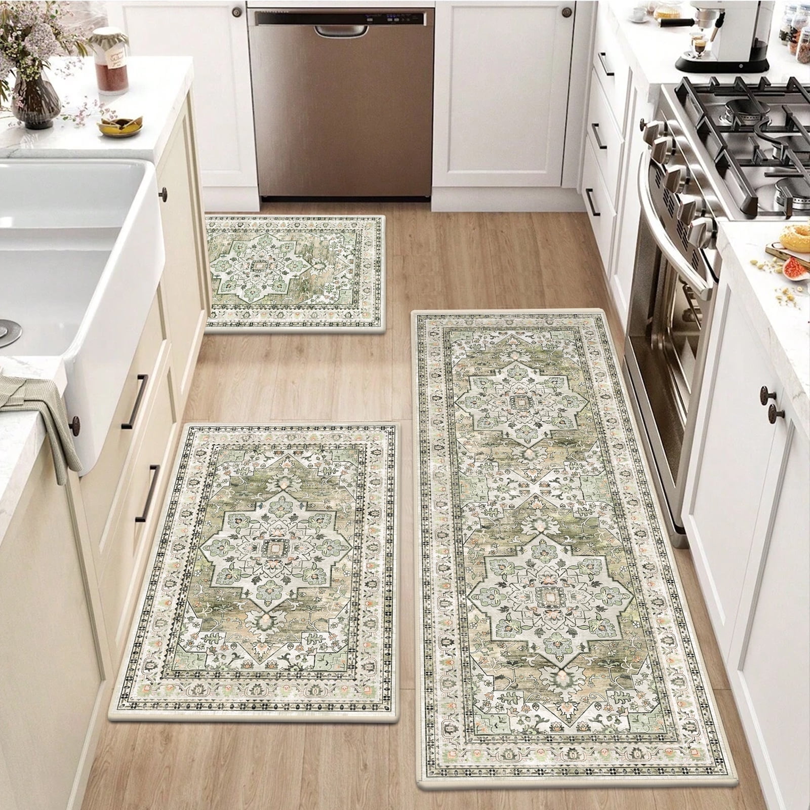 Findosom 3pcs Kitchen Rugs Set,Washable Boho Farmhouse Kitchen Mats for Floor,Non Slip Kitchen Floor Mat Carpet Runner Rugs for Entryway Hallway Laundry Home Decor 20"x32"+20"x32"+20"x47" Green