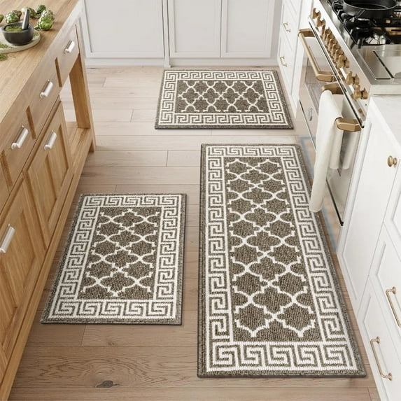 Findosom Kitchen Rugs Set 3 Piece, Non Slip Kitchen Floor Rugs with Rubber Backing,Machine Washable Geometric Absorbent Runner Rugs for Hallway Doormat,20"x32"+20"x32"+20"x48" Brown