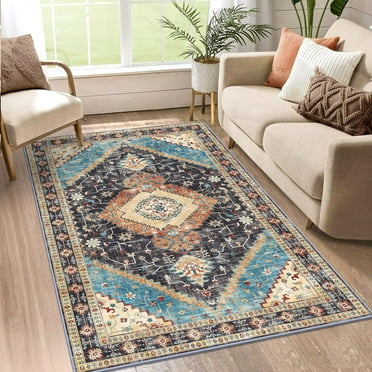 Findosom 3x5 Retro Area Rugs for Living Room, Machine Washable Non Slip Vintage Bohemia Rugs Low Pile Distressed Carpet Area Rug for Bedroom,Entryway,Dining Room,Home Office, Black