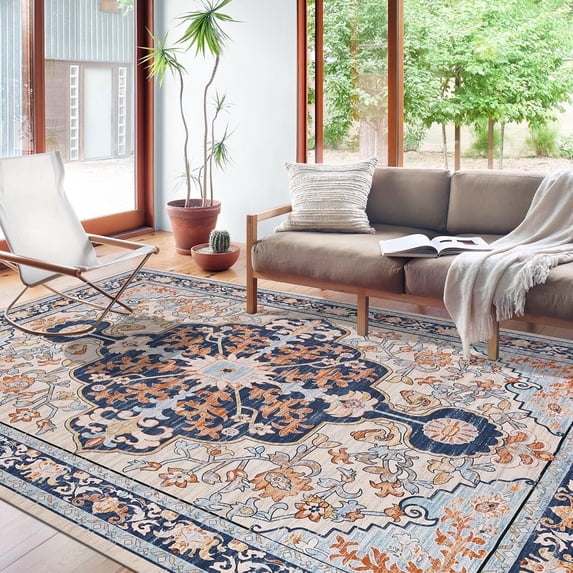 Findosom 8'x10' Vintage Boho Area Rug, Machine Washable Rugs Non Slip Distressed Indoor Rug,Large Retro Area Rug Floor Carpet for Bedroom Dining Room Entryway Office Decor,Blue