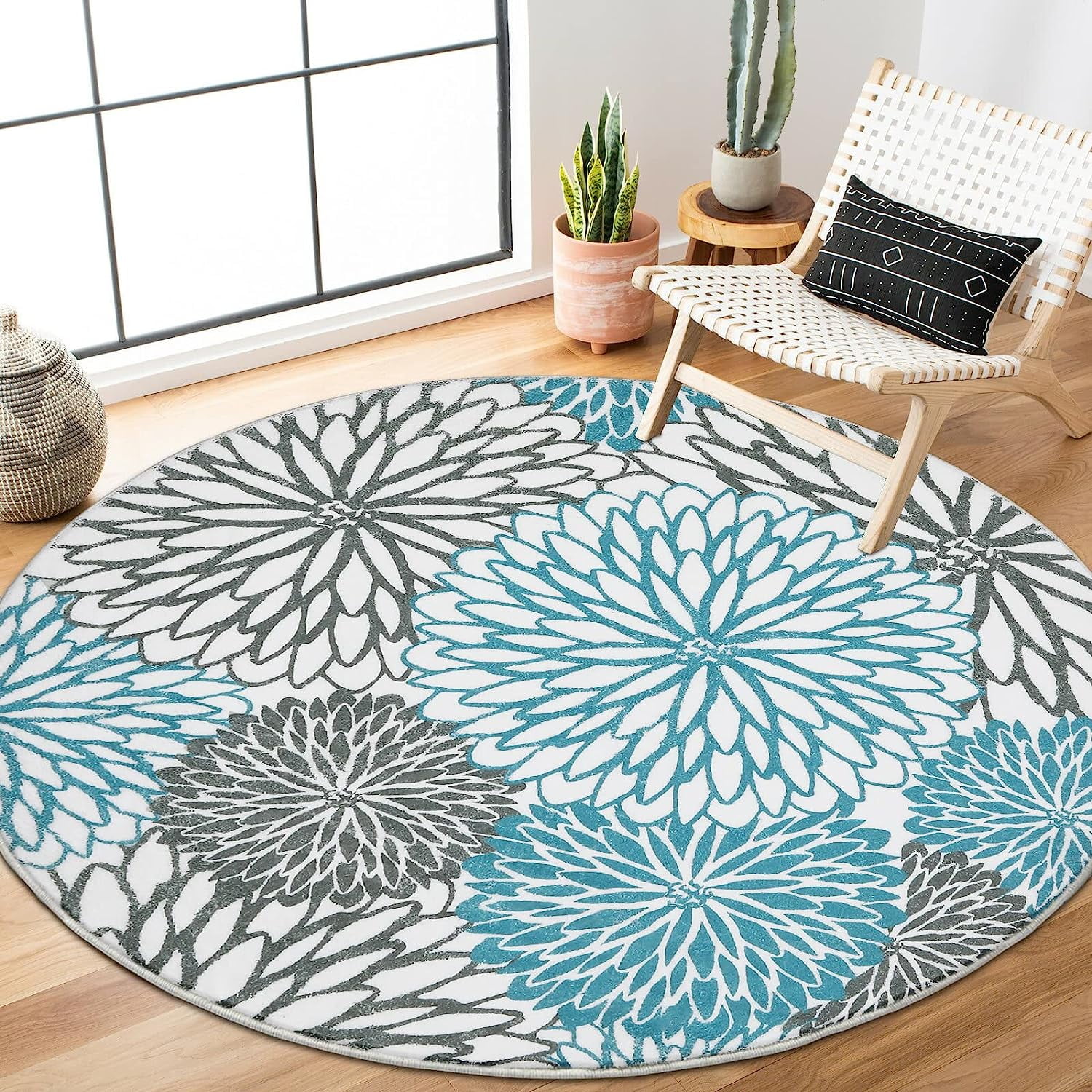 Findosom 4' Modern Floral Round Rug Bohemian Area Rug Non Slip Boho Round Rug for Dining Room