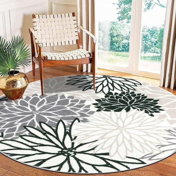 Findosom 4' Modern Floral Round Rug Bohemian Area Rug Non Slip Boho Round Rug for Dining Room Table Washable Round Bedroom Carpet for Entryway Living Room Sofa Kids Room Nursery Gray