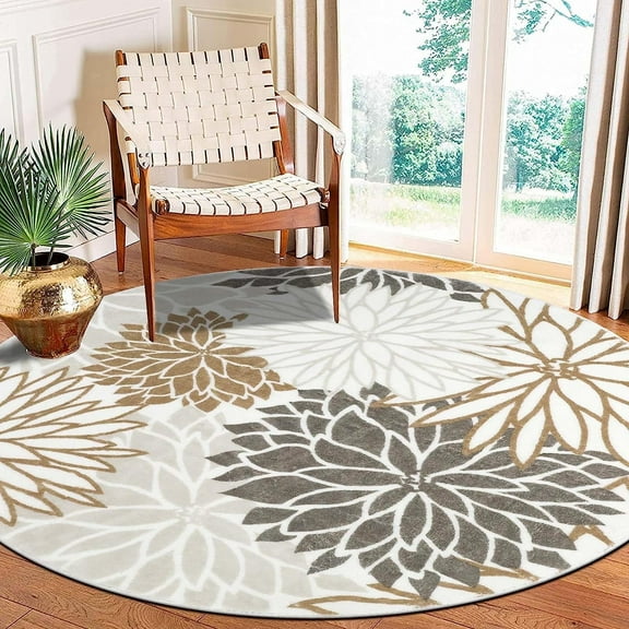 Findosom 4' Modern Floral Round Rug Bohemian Area Rug Non Slip Boho Round Rug for Dining Room Table Washable Round Bedroom Carpet for Entryway Living Room Office Brown