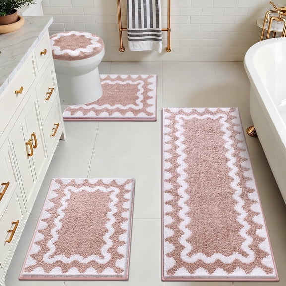 Findosom 4-Piece Bathroom Rugs Set,Non Slip Absorbent Bath Mat,Machine Washable Microfiber Quick Dry Bath Rug for Bathroom Bedroom Kitchen Shower Tub,Pink