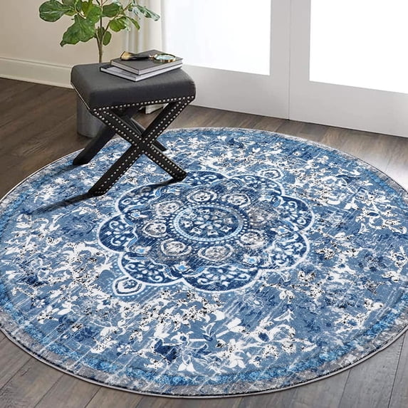 Findosom 4'x4'Round Area Rug,Non Slip Washable Round Rug Boho Area Rug for Living Room,Bedroom,Home Decor,Office,Dining Room, Blue