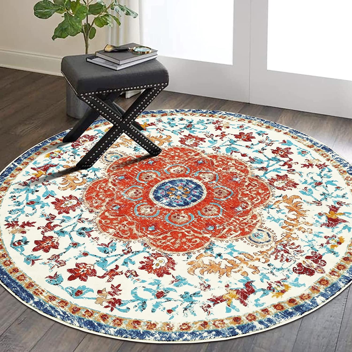 Findosom 4'x4'Round Area Rug,Non Slip Washable Round Rug Boho Area Rug for Living Room,Bedroom,Home Decor,Office,Dining Room,Red