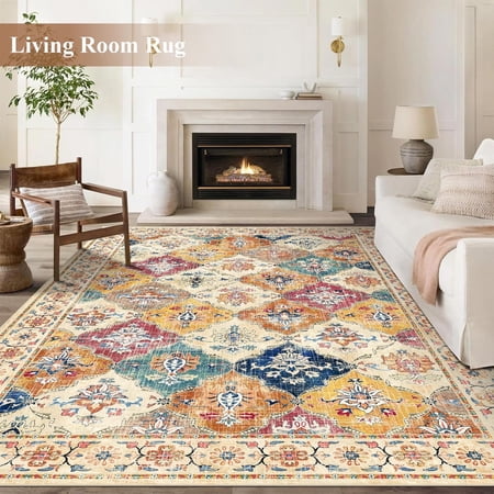 Findosom 5'x7'Vintage Boho Area Rug, Machine Washable Non-Slip Soft Floor Carpet, Stain Resistant Distressed Indoor Rug for Living Room Bedroom Dining Room Entryway,Orange