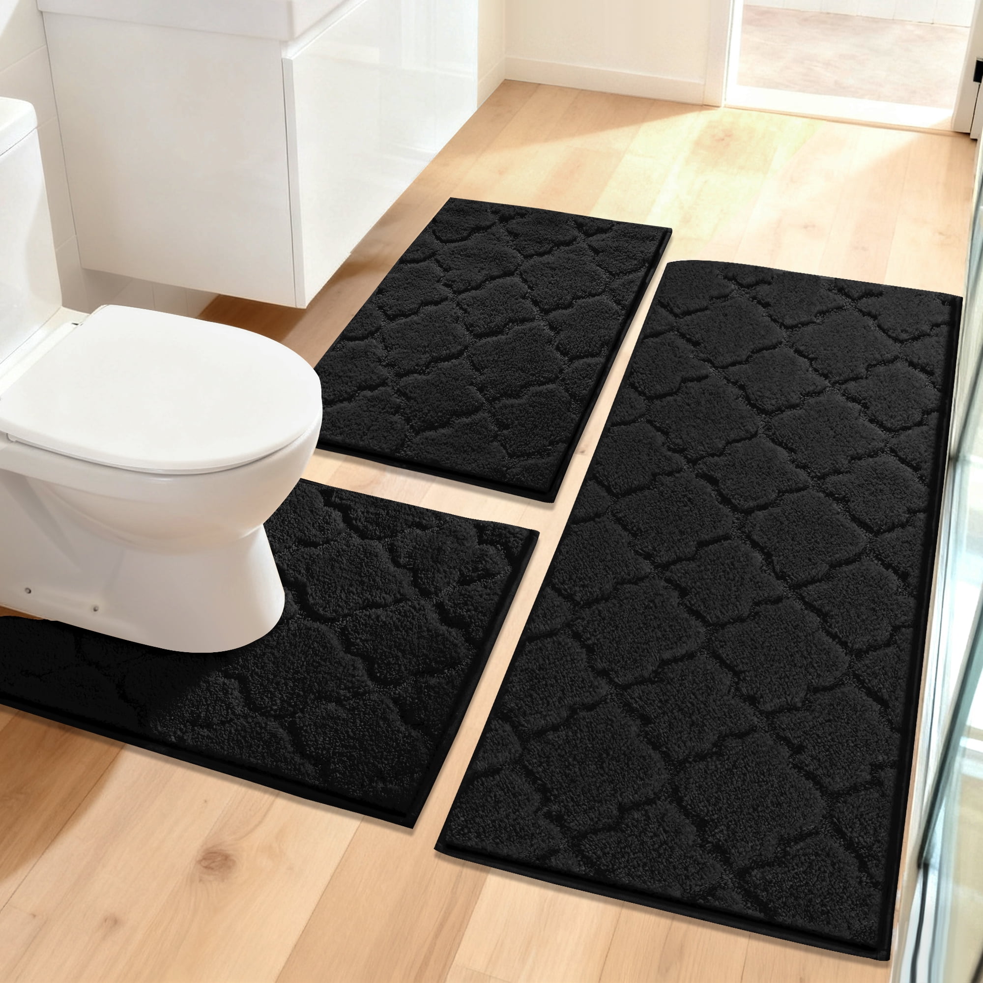 Findosom Bathroom Rugs Sets 3 Pcs,Non Slip Soft Absorbent Microfiber Bath Mats and U-Shaped Contour Toilet Rug,Machine Washable Plush Shaggy Bath Mat Set for Bathroom 18"x26"+18"x48"+U 20"x24" Black